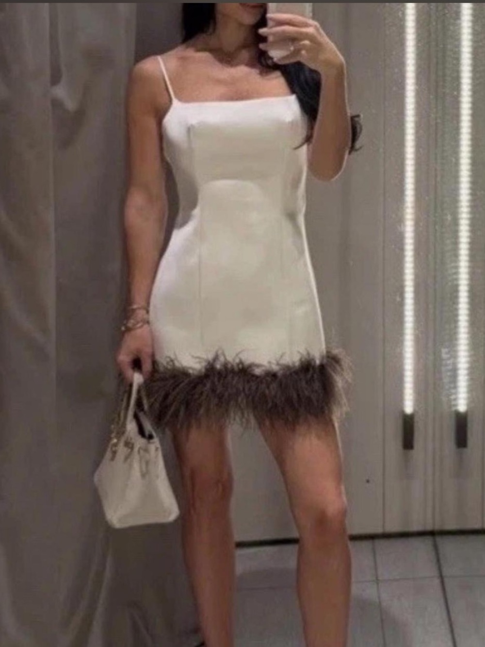 Zara Cream Feather-Trim Mini Slip Dress